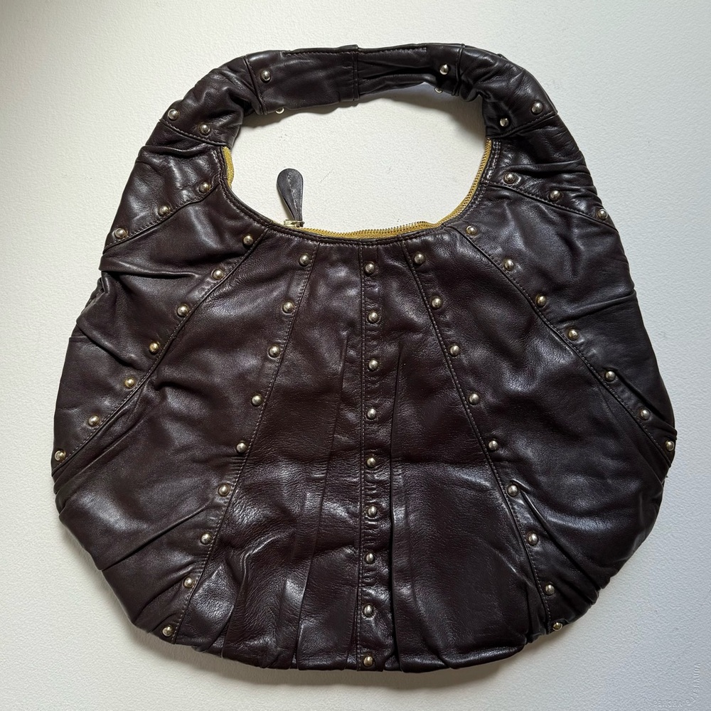 Vintage Goldenblue Dark Brown Leather Studded Hobo Bag